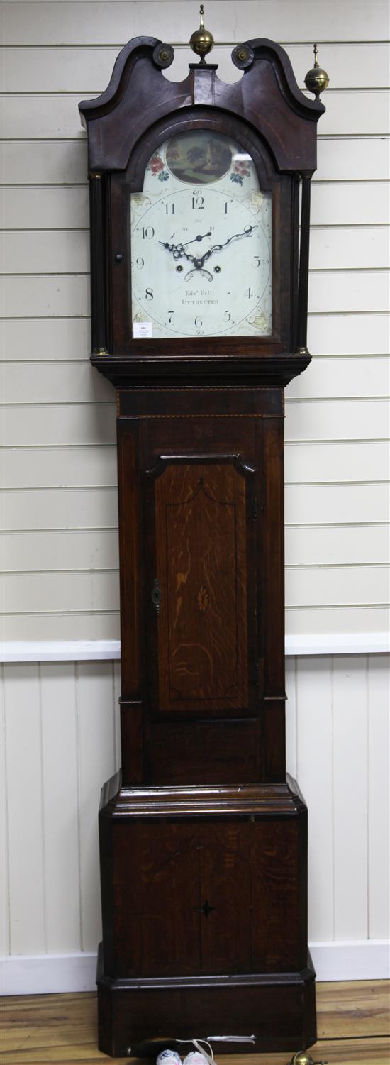 Edward Bell, Uttoxeter. An early 19th century inlaid oak and mahogany eight day longcase clock, 7ft 6in.